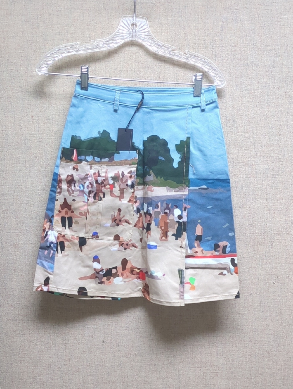 Printed Beach-Scene A-Line Mini Skirt in Blue and Cream